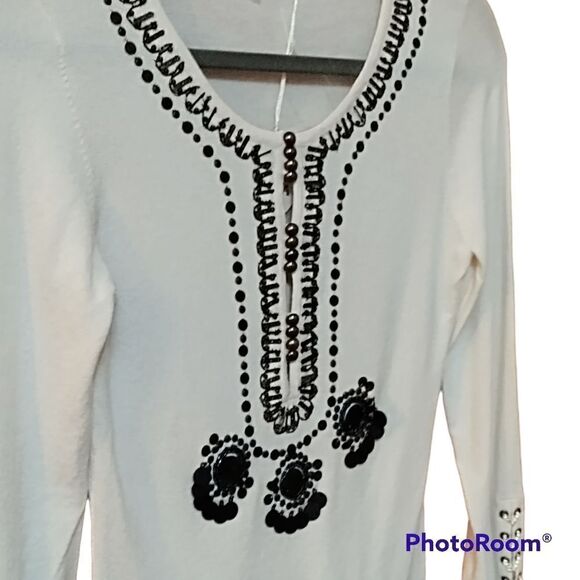 NWT Yuka Beaded Boho Knit Top Ivory Sz S Blouse Embellished Shirt - Picture 5 of 13